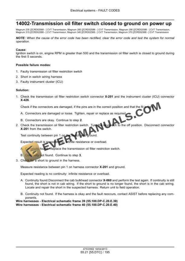 Case Magnum 235, 260, 290, 315, 340, 370 Continuously Variable Transmission (CVT) Tractor Service Manual 47538954-4