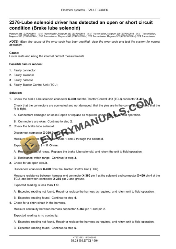 Case Magnum 235, 260, 290, 315, 340, 370 Continuously Variable Transmission (CVT) Tractor Service Manual 47538956-2