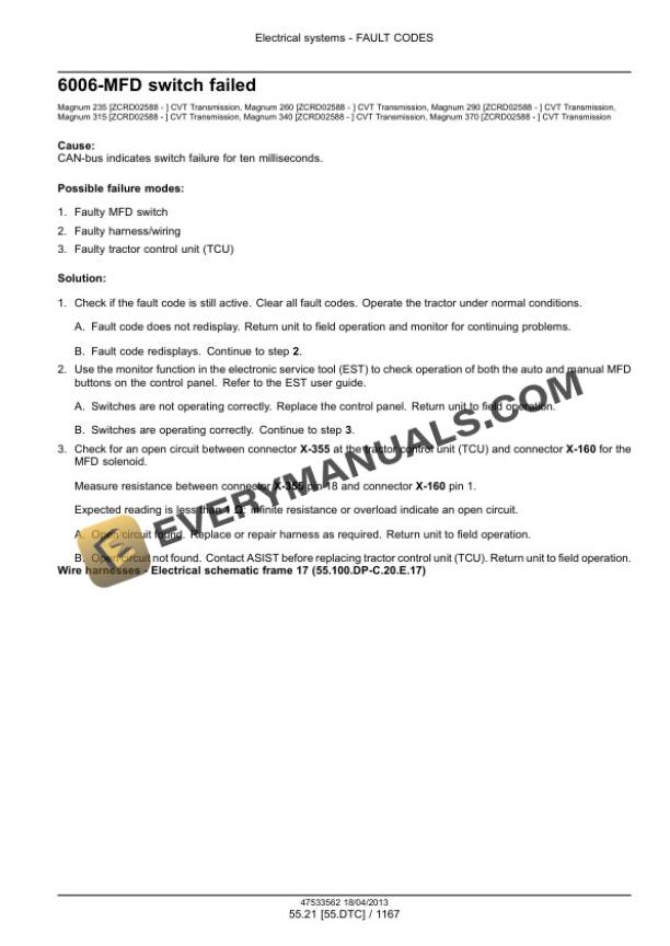 Case Magnum 235, 260, 290, 315, 340, 370 Continuously Variable Transmission (CVT) Tractor Service Manual 47538957-5