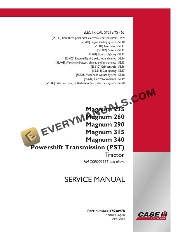 Case Magnum 235, 260, 290, 315, 340 Continuously Variable Transmission (CVT) Tractor Service Manual 47538978 PDF