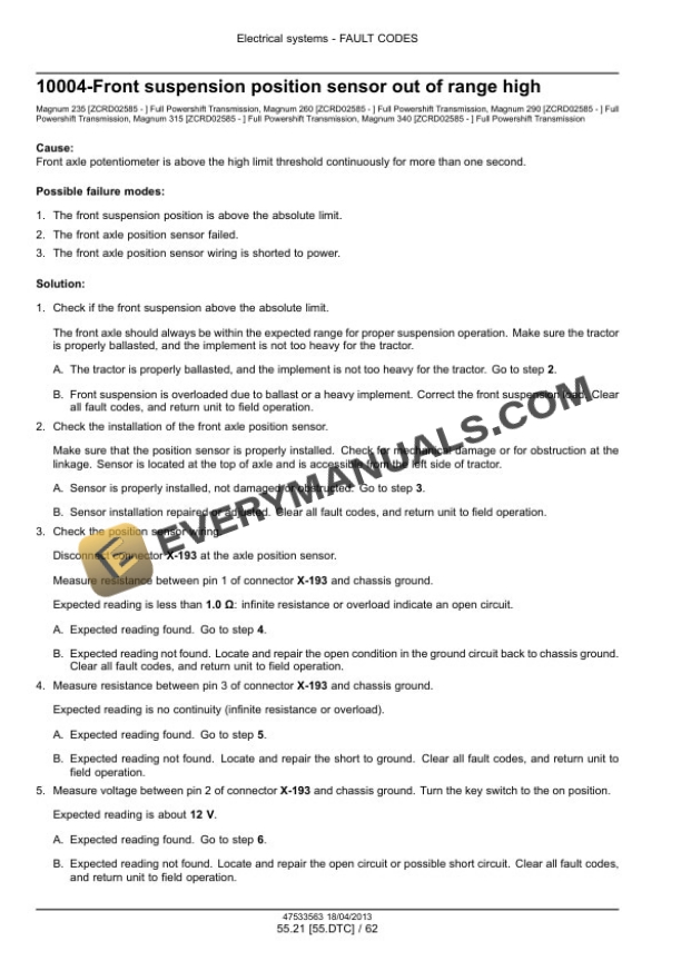 Case Magnum 235, 260, 290, 315, 340 Continuously Variable Transmission (CVT) Tractor Service Manual 47538979-2