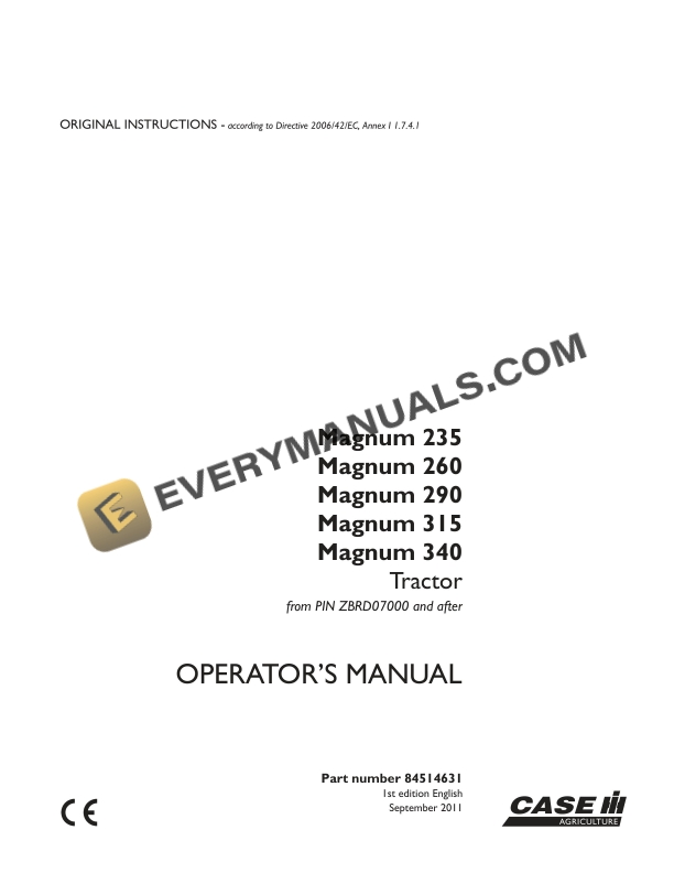 Case Magnum 235, 260, 290, 315, 340 Tractor Operator Manual 84514631 PDF