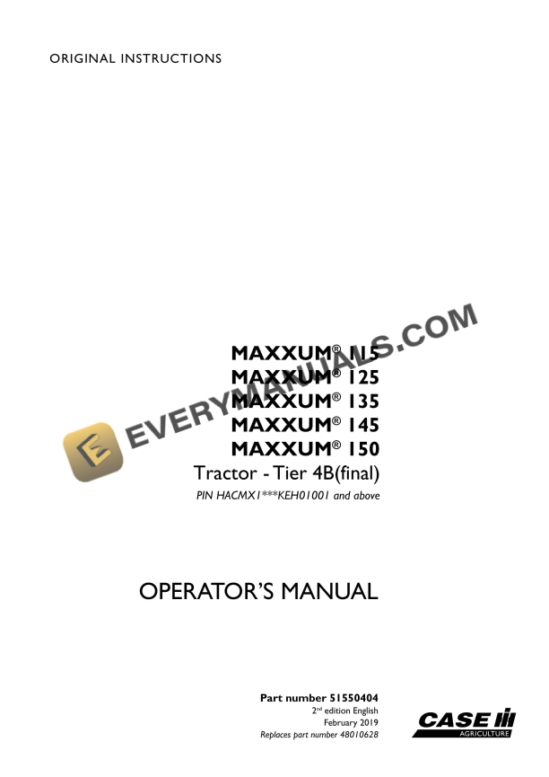 Case Maxxum 115, 125, 135, 145, 150 Tractor - Tier 4B (Final) Operator Manual 51550404 PDF