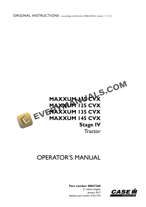 Case Maxxum 115 CVX, 125 CVX, 135 CVX, 145 CVX Stage IV Tractor Operator Manual 48057360 PDF