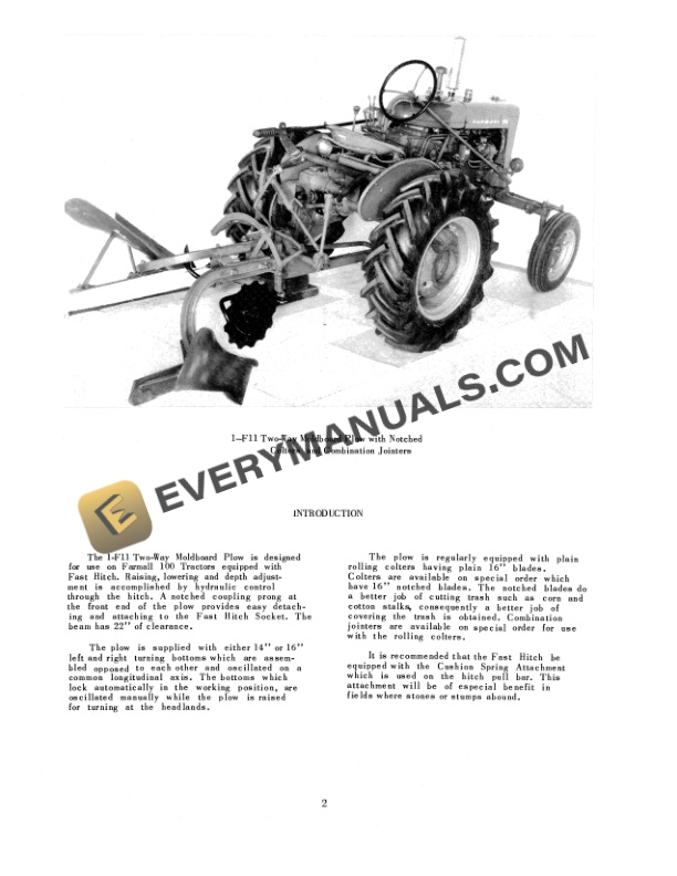 Case McCormick 1-F11 Two-Way Moldboard Plow For use with Farmall 100 Tractor Owner Manual 1011576R1-3