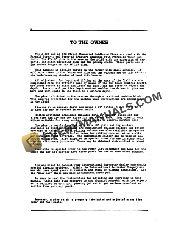 Case McCormick A-193 and AV-193 Tractor Plow Operator Manual 1006638R6-2