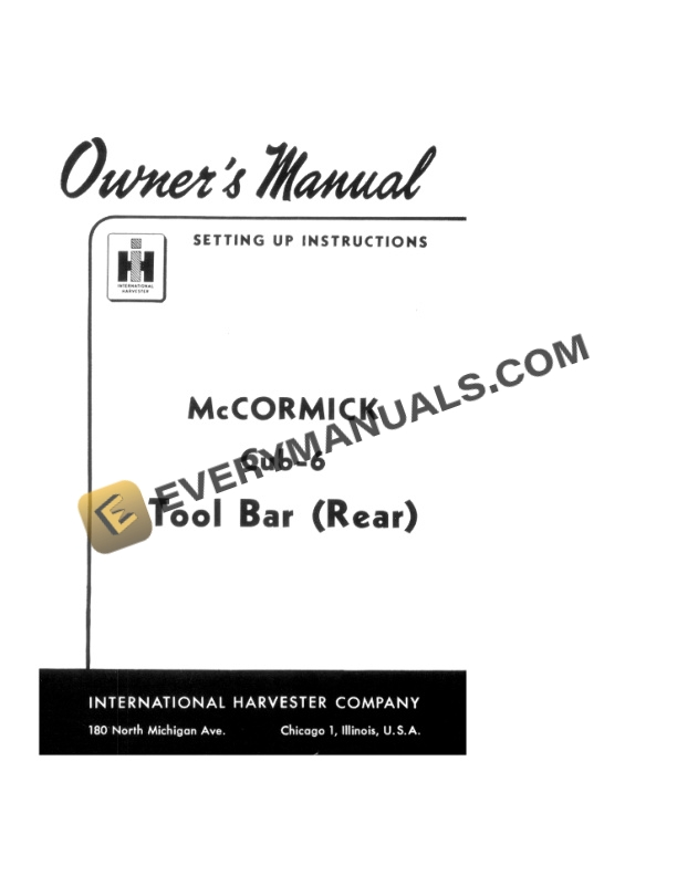 Case McCormick Cub-6 Tool Bar (Rear) Setting Up Instruction Owner Manual 1010013R5-2