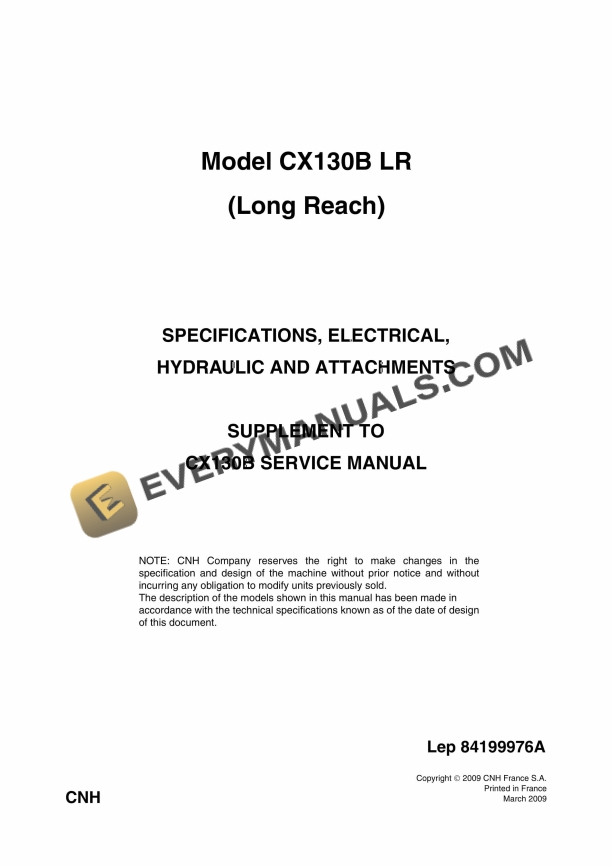 Case Model CX130B LR Tractor Service Manual 84199976A PDF