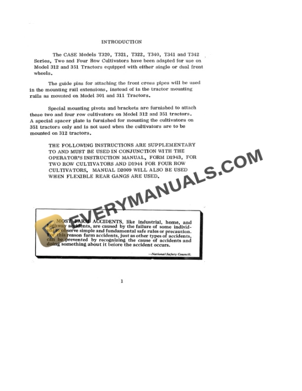 Case Model T320, T321, T322, T340, T341, T342 Cultivator on 312 Tractor With Dual or Single Front Wheel and 351 Tractor Instruction For Setting Up and Operating 9-82141-2