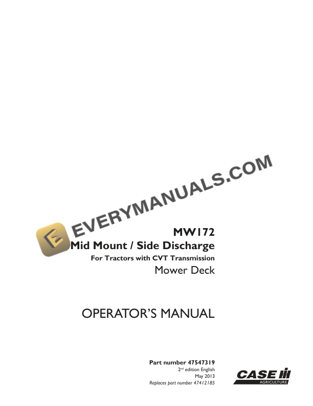 Case MW172 Mid Mount, Side Discharge For Tractors with CVT Transmission Mower Deck Operator Manual 47547319 PDF 1 case mw172 mid mount side discharge for tractors with cvt transmission mower deck operator manual 47547319 1