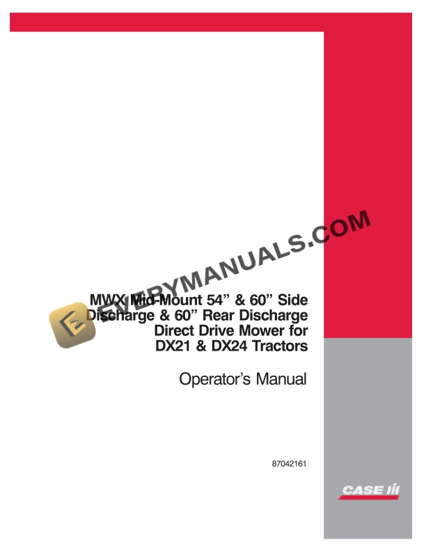 case mwx mid mount 54in and 60in side discharge and 60in rear discharge direct drive mower for dx21 dx24 tractor operator manual 87042161 1