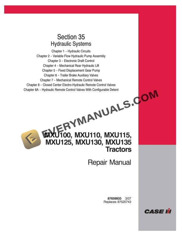 Case MXU 100, MXU 110, MXU 115, MXU 125, MXU 135 Maxxum Tractor Repair Manual 87659933 PDF