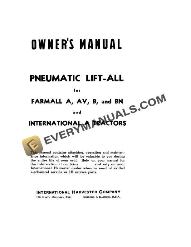Case Pneumatic Lift-All for Farmall A, AV,B, BN, International A Tractor Operator Manual 1005553R2-2