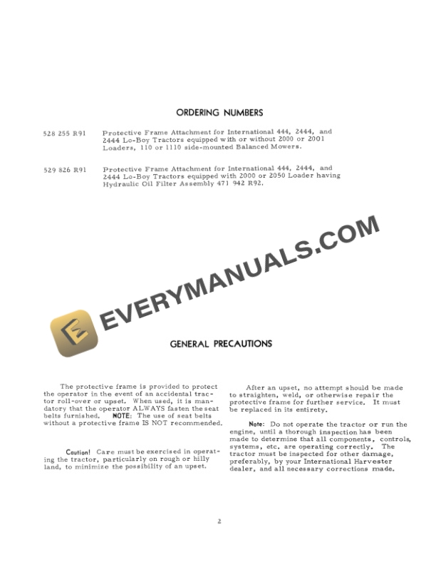 Case Protective Frame for International 444, 2444, 2444 Lo-Boy Operator Manual 1082831R1-3