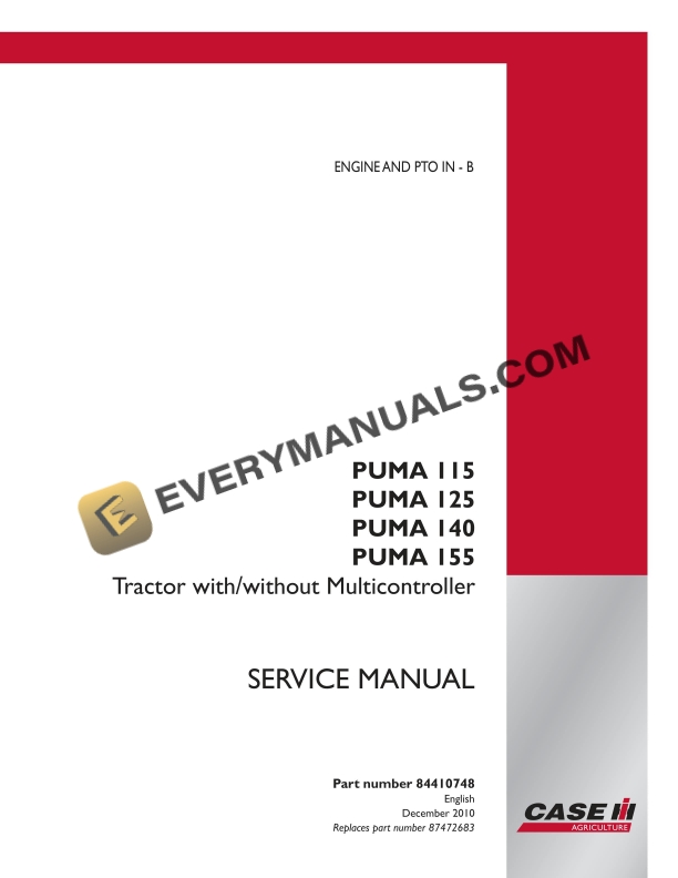 Case Puma 115, 125, 140, 155 Tractor with, without Multicontroller Service Manual 84410748 PDF