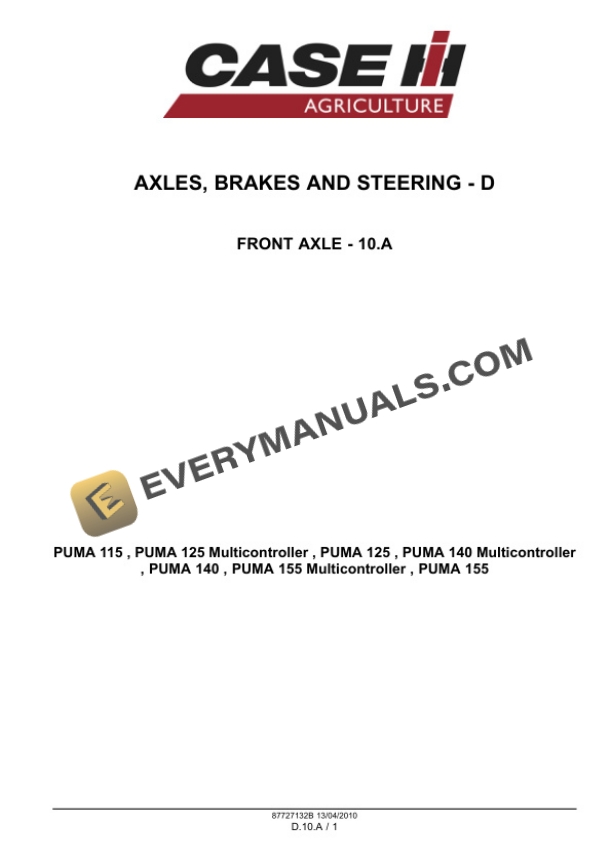 Case Puma 115, 125, 140, 155 Tractor with, without Multicontroller Service Manual 87727132BNA-5