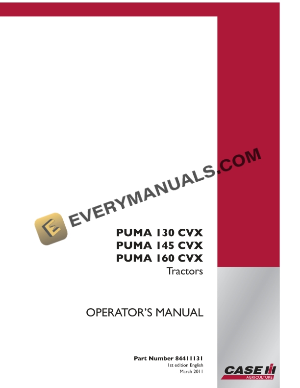 Case Puma 130 CVX, 145 CVX, 160 CVX Tractor Operator Manual 84411131 PDF