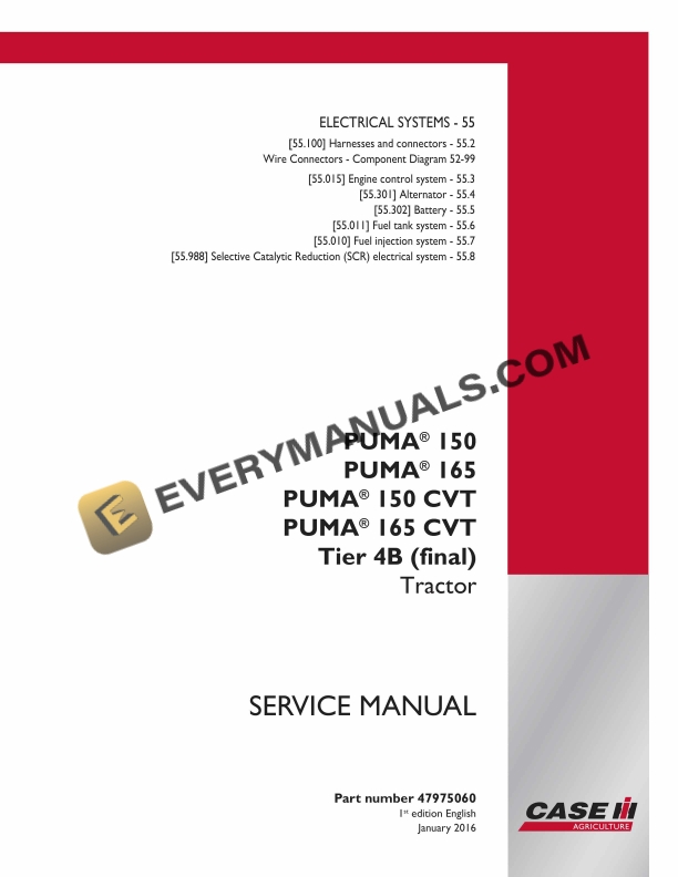 Case Puma 150, 165, 150 CVT, 165 CVT Tier 4B (Final) Tractor Service Manual 47975060 PDF