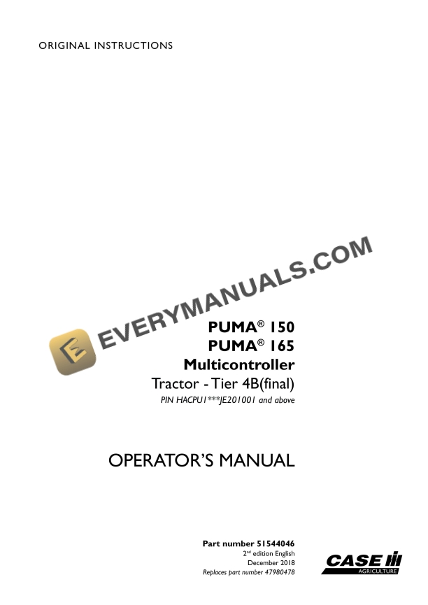 case puma 150 165 multicontroller tractor tier 4b final operator manual 51544046 1