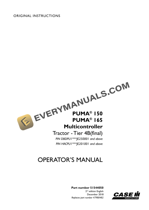 Case Puma 150, 165 Multicontroller Tractor - Tier 4B (Final) Operator Manual 51544050 PDF