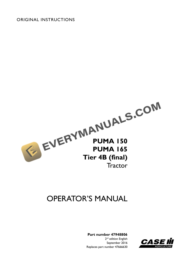 Case Puma 150, 165 Tier 4B (Final) Tractor Operator Manual 47948806 PDF 2 case puma 150 165 tier 4b final tractor operator manual 47948806 1