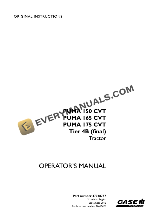 Case Puma 150 CVT, 165 CVT, 175 CVT Tier 4B (Final) Tractor Operator Manual 47948767 PDF 1 case puma 150 cvt 165 cvt 175 cvt tier 4b final tractor operator manual 47948767 1