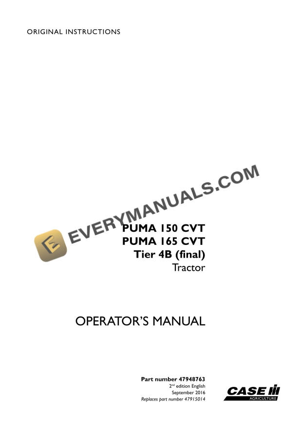 case puma 150 cvt 165 cvt tier 4b final tractor operator manual 47948763 1