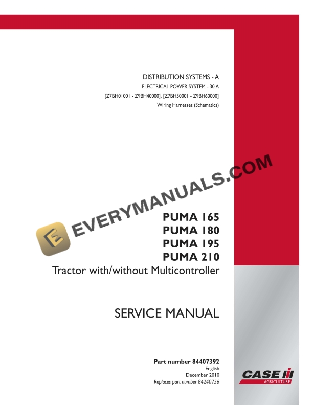 case puma 165 180 195 210 tractor with without multicontroller service manual 84407392 1