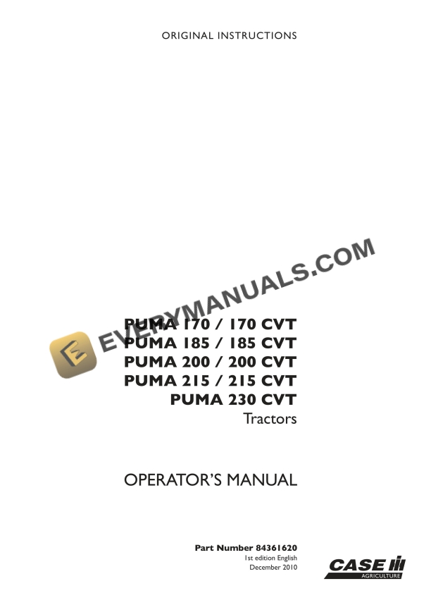 case puma 170 170 cvt 185 185 cvt 200 200 cvt 215 215 cvt 230 cvt tractor operator manual 84361620 1