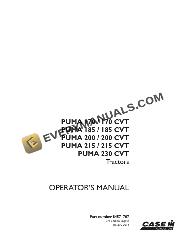 case puma 170 170 cvt 185 185 cvt 200 200 cvt 215 215 cvt 230 cvt tractor operator manual 84571707 1