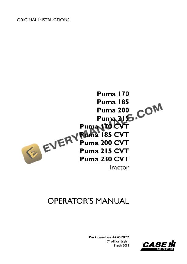 case puma 170 185 200 215 170 cvt 185 cvt 200 cvt 215 cvt 230 cvt tractor operator manual 47457072 1