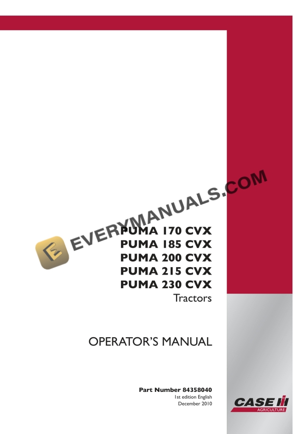 case puma 170 cvx 185 cvx 200 cvx 215 cvx 230 cvx tractor operator manual 84358040 1