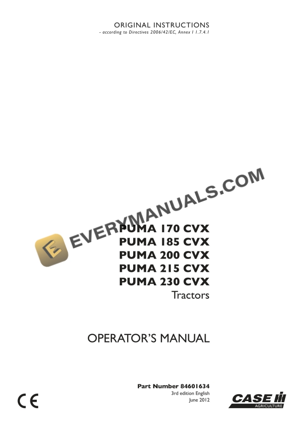 case puma 170 cvx 185 cvx 200 cvx 215 cvx 230 cvx tractor operator manual 84601634 1