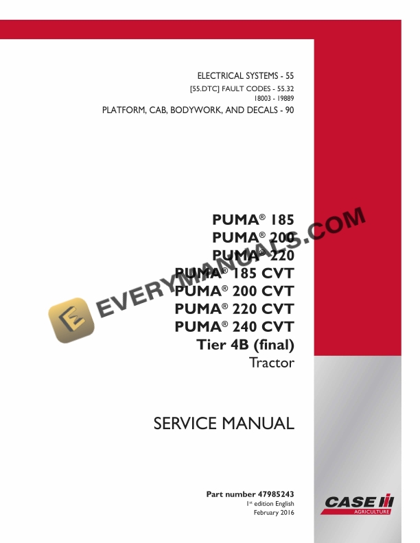 Case Puma 185, 200, 220, 185 CVT, 200 CVT, 220 CVT, 240 CVT Tier 4B (Final) Tractor Service Manual 47985243 PDF