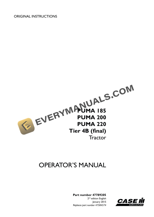 Case Puma 185, 200, 220 Tier 4B (Final) Tractor Operator Manual 47789205 PDF 1 case puma 185 200 220 tier 4b final tractor operator manual 47789205 1