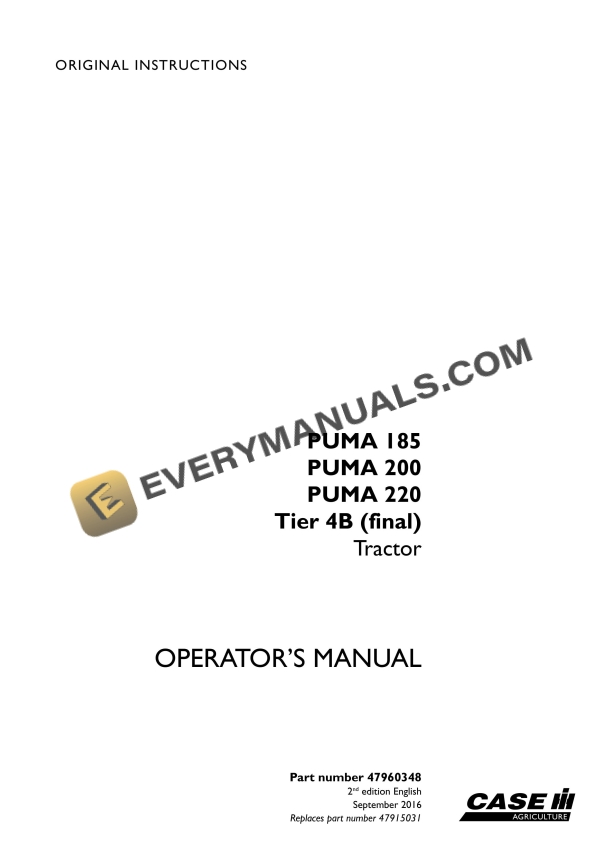 case puma 185 200 220 tier 4b final tractor operator manual 47960348 1