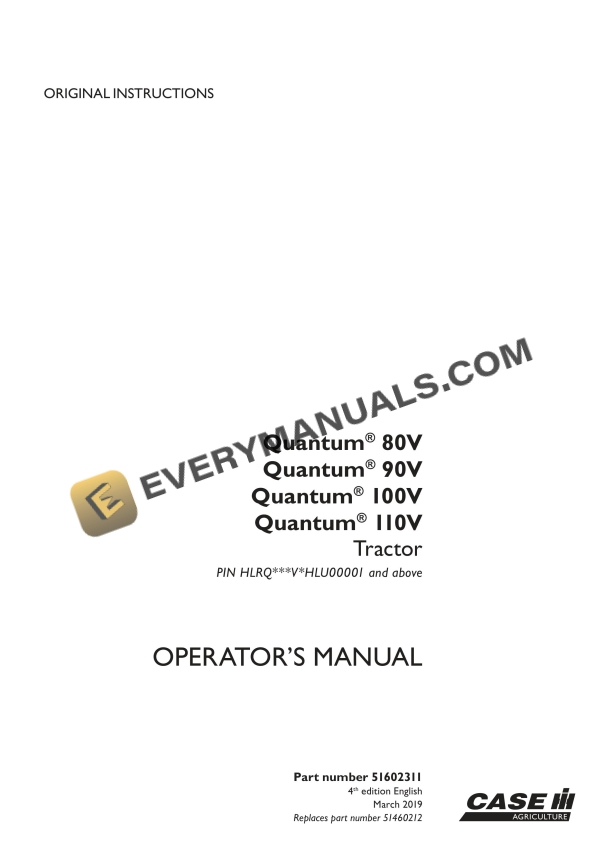 Case Quantum 80V, 90V, 100V, 110V Tractor Operator Manual 51602311 PDF