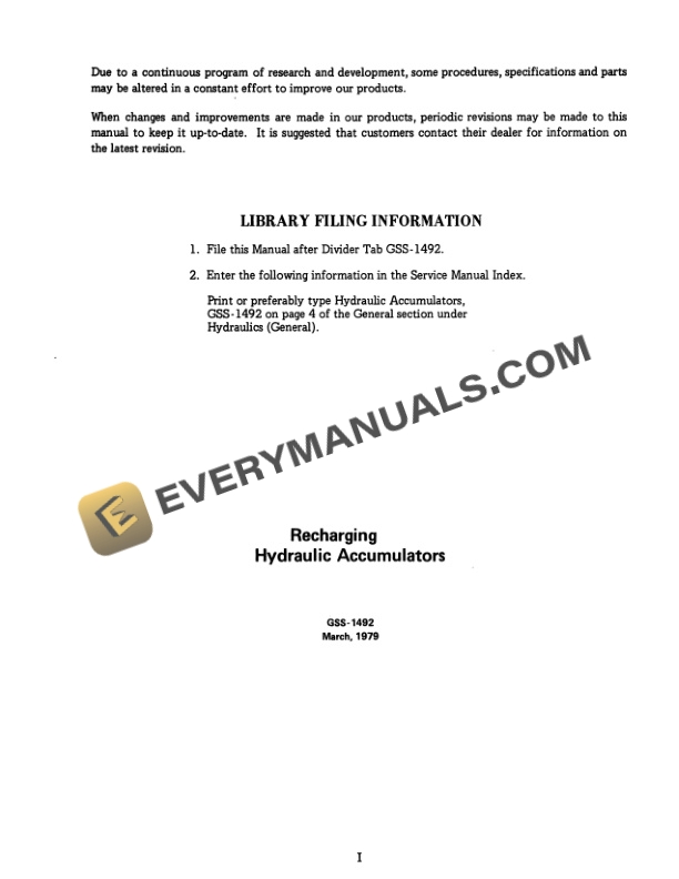 Case Recharging Hydraulic Accumulator Service Manual GSS-1492-2