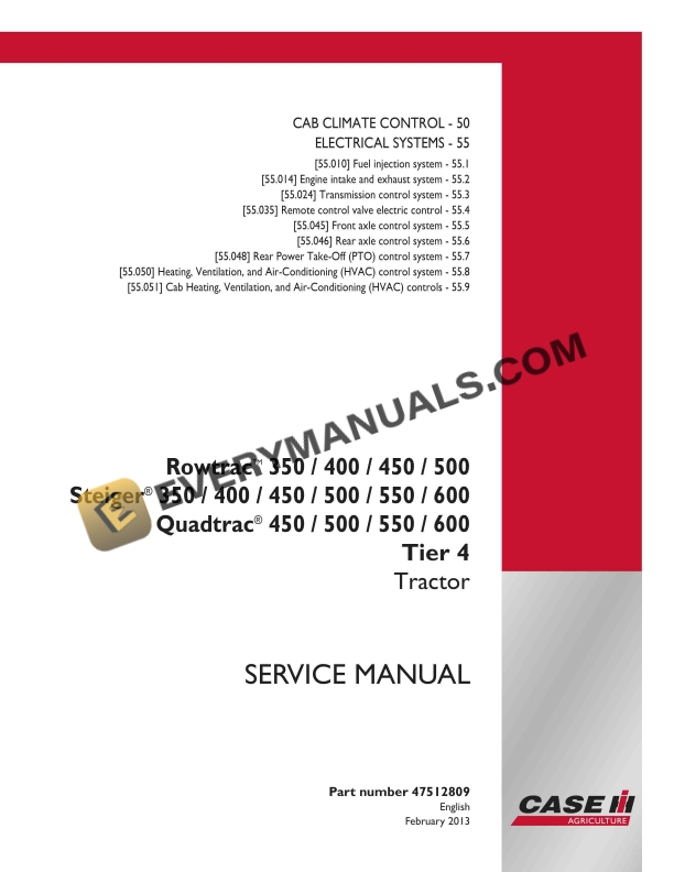 Case Rowtrac 350, 400, 450, 500, Steiger 350, 400, 450, 500, 550, 600, Quadtrac 450, 500, 550, 600 Tier 4 Tractor Service Manual 47512809 PDF