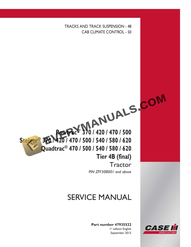 Case Rowtrac 370, 420, 470, 500, Steiger 370, 420, 470, 500, 540, 580, 620, Quadtrac 470, 500, 540, 580, 620 Tier 4B (Final) Tractor Service Manual 47935522 PDF