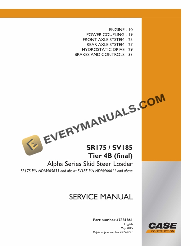Case SR175, SV185 Tier 4B (Final) Alpha Series Skid Steer Loader Service Manual 47881861 PDF