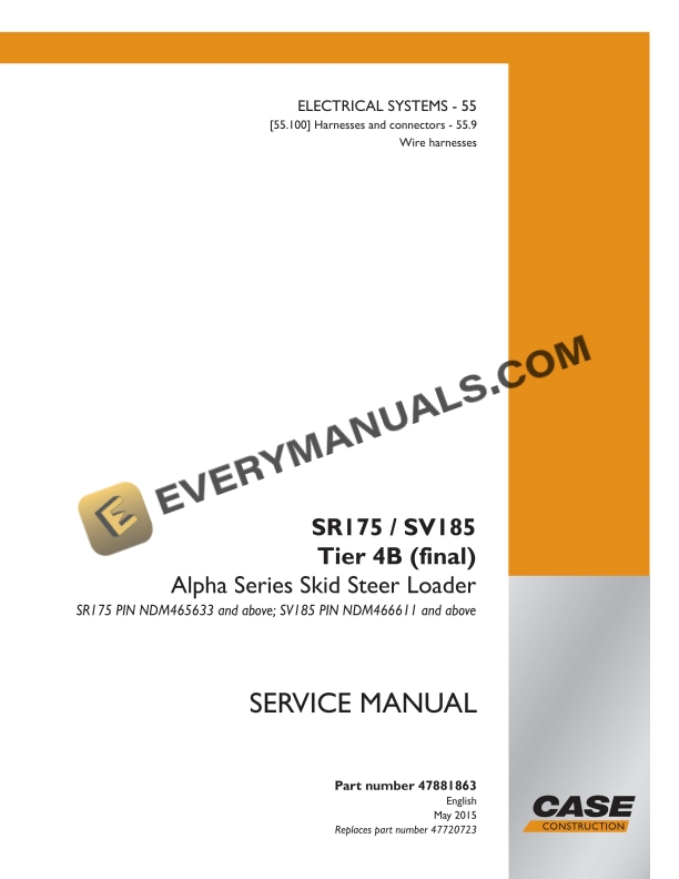 Case SR175, SV185 Tier 4B (Final) Alpha Series Skid Steer Loader Service Manual 47881863 PDF