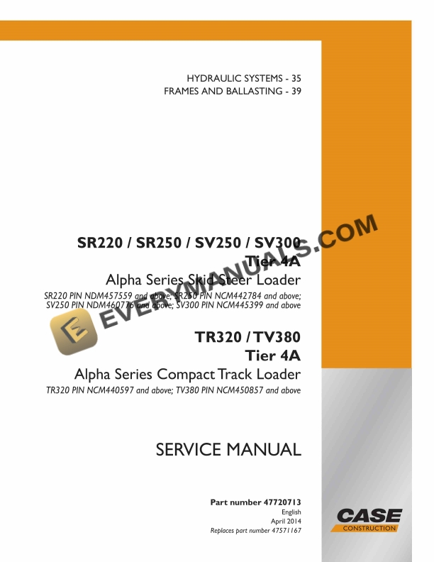 Case SR220, SR250, SV250, SV300 Tier 4A Alpha Series Skid Steer Loader Service Manual 47720713 PDF