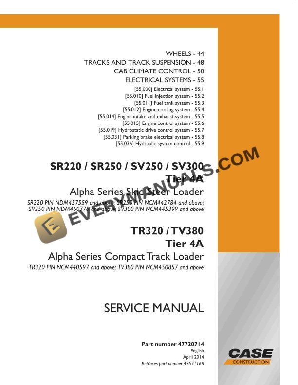 Case SR220, SR250, SV250, SV300 Tier 4A Alpha Series Skid Steer Loader Service Manual 47720714 PDF