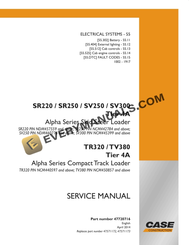 Case SR220, SR250, SV250, SV300 Tier 4A Alpha Series Skid Steer Loader Service Manual 47720716 PDF 2 case sr220 sr250 sv250 sv300 tier 4a alpha series skid steer loader service manual 47720716 1
