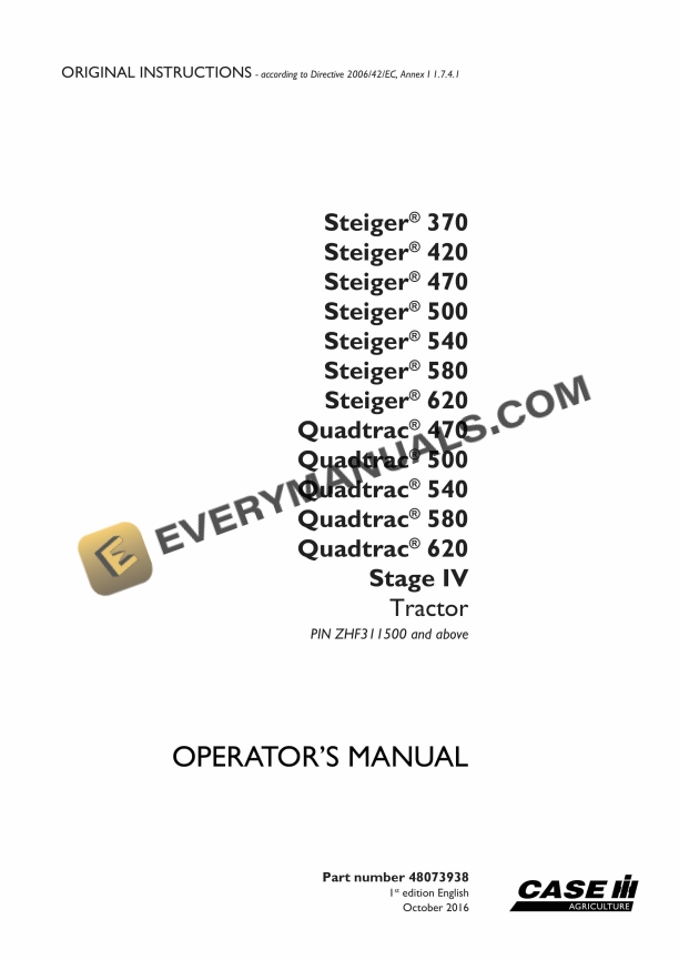 Case Steiger 370, 420, 470, 500, 540, 580, 620, Quadtrac 470, 500, 540, 580, 620 Stage IV Tractor Operator Manual 48073938 PDF