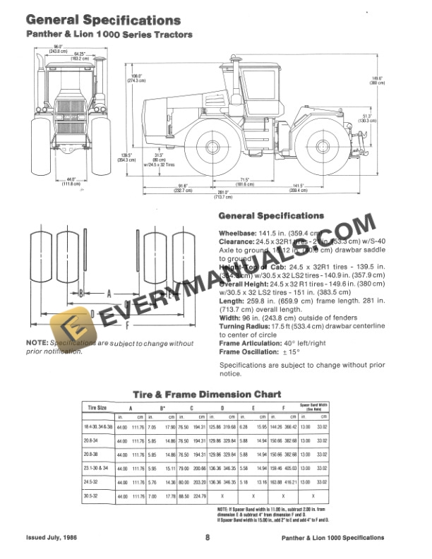Case Steiger General Specifications Panther and Lion 1000 Powershift Series Tractor Service Manual 37-175 PDF 6 Case Steiger General Specifications Panther and Lion 1000 Powershift Series Tractor Service Manual 37-175 PDF - Image 4