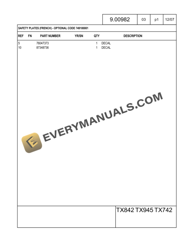 Case TX742, TX842, TX945 Telehandler Parts Catalog 87684643 NA-5
