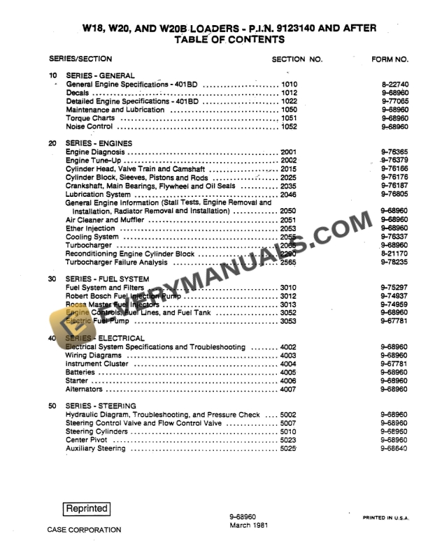 case w18 w20 w20b loader service manual 9 68960 1