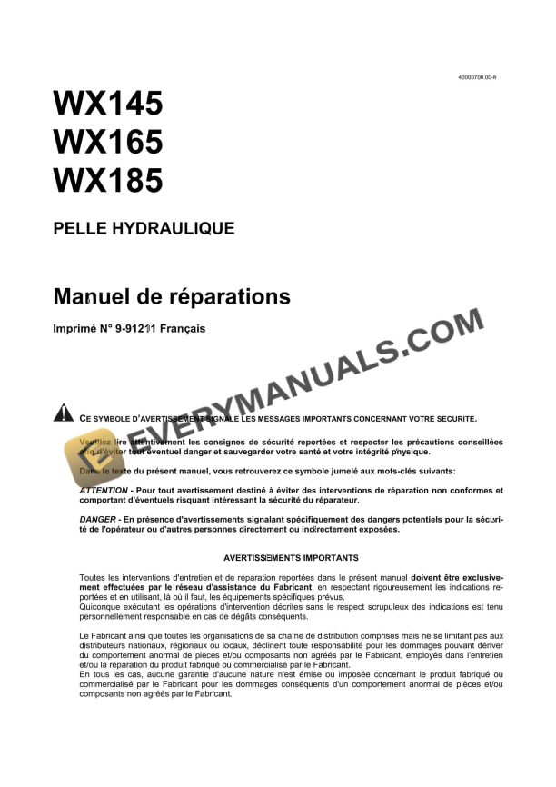 Case WX145, WX165, WX185 Hydraulic Excavator Repair Manual 9-91211 FR PDF